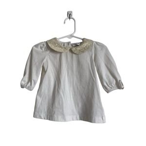 Heirlooms by Polly Flinders white, 3/4 sleeve, gold collared top. Size 12mo.